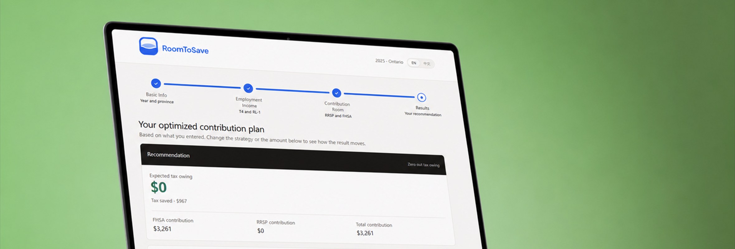 Room to Save open on a laptop, showing a recommended contribution that brings the tax owing to zero