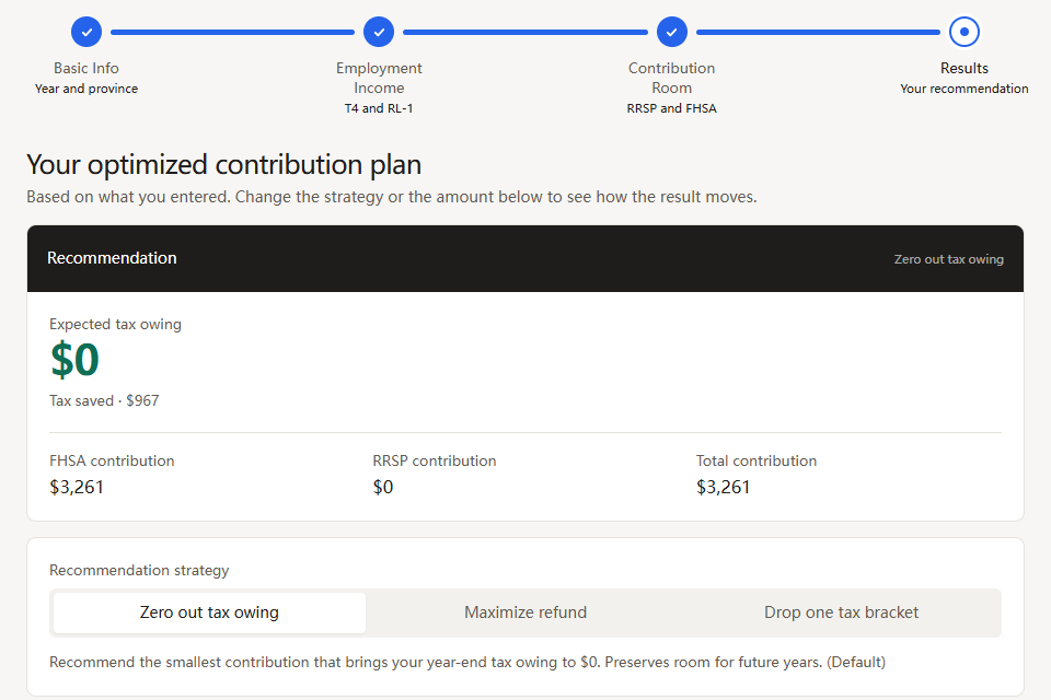 Room to Save results page showing $0 expected tax owing and a $3,261 FHSA contribution