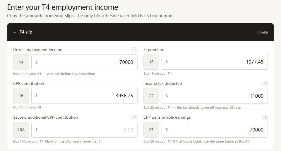 Room to Save T4 income screen, each field labelled with its T4 box number
