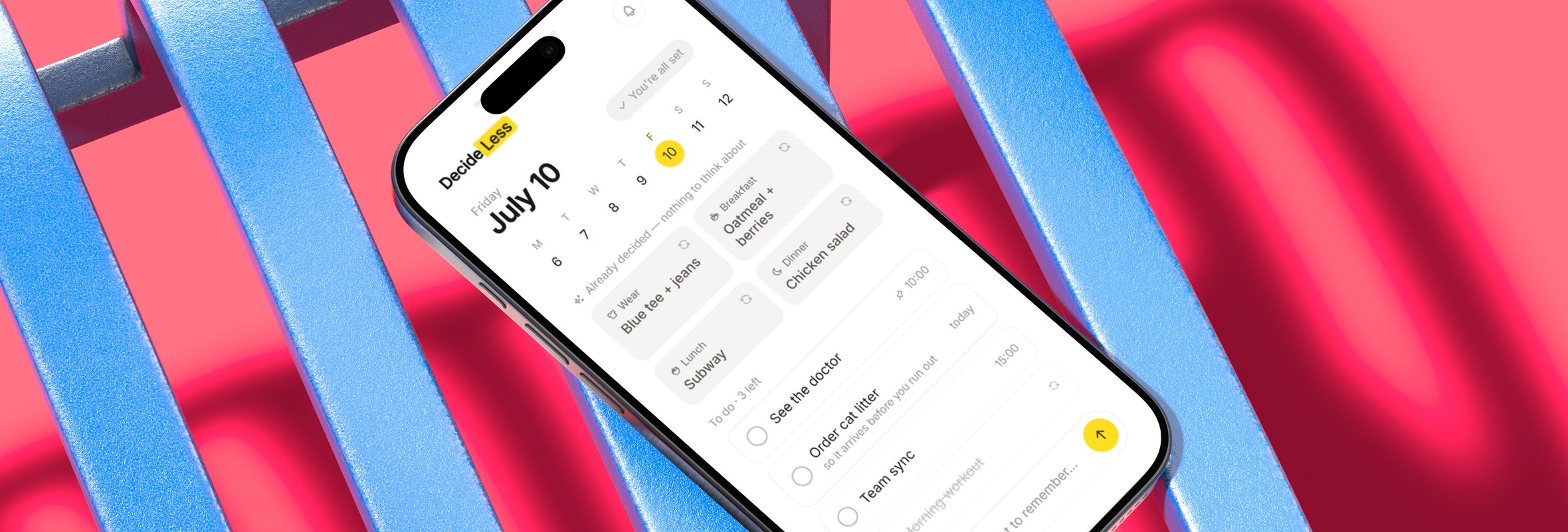 DecideLess running on a phone, showing a day already decided and the tasks left in it
